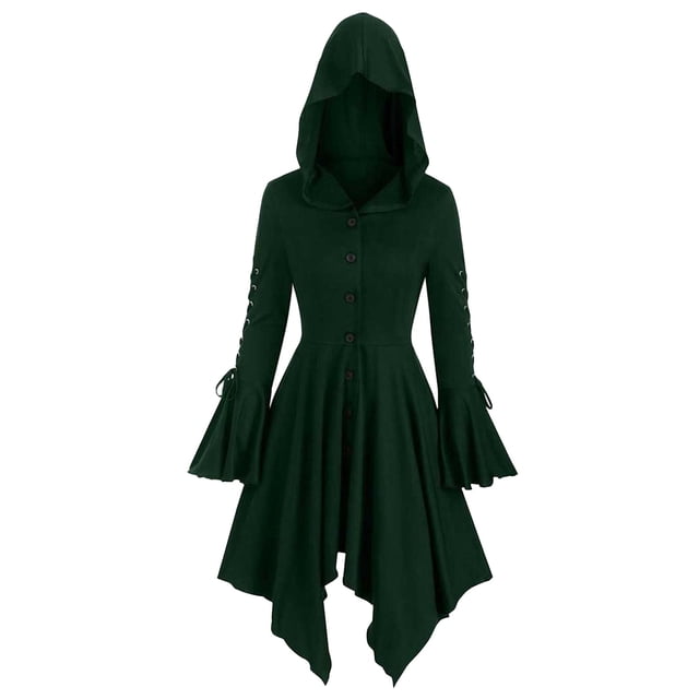 Veste Cape pour Femmes à Manches Longues, Manteau Robe à Capuche Patchwork avec Bretelles et Ourlet Irrégulier