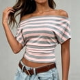 thumbnail image 2 of yillto Women off Shoudler Tops Striped Short Sleeve Shirts Casual Tunics Tees Ruched Slim Fashion Outfits, 2 of 7