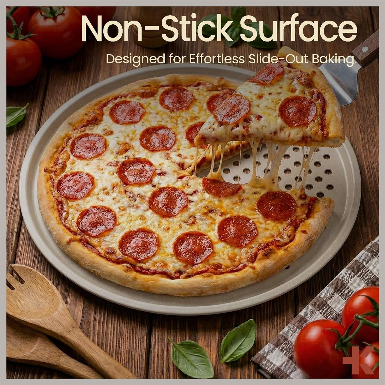 Bakken Pizza Baking Pan - Round Perforated Carbon Steel Pan with Non-Stick Marble Coating, Oversized Silicone Handle, Dishwasher Safe, High-Temperature Resistant, Durable & Easy Cleanup White, 1 Pack
