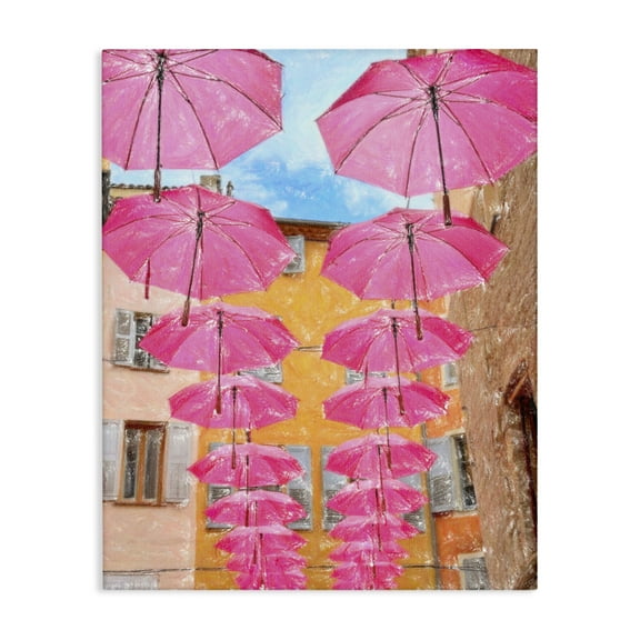 Stupell Industries Pink Umbrellas in Town Buildings & Architecture Painting Wrapped Canvas Art Print Wall Art, 16 x 20