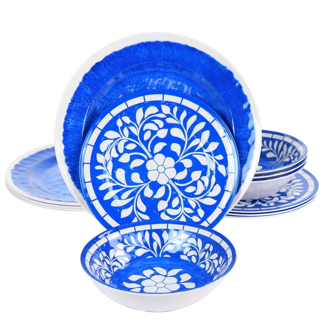 Elama Elm Elly Collection Vajilla De Melamina, 12 Piezas, Azul