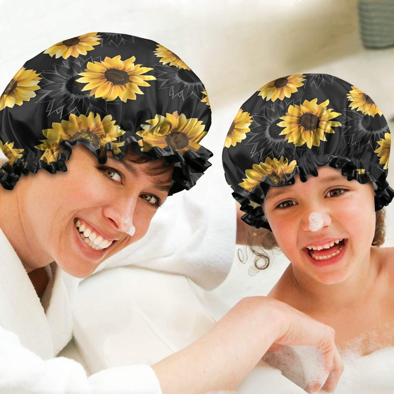 Shower Caps,Black Sunflower Gray Petal Pattern Waterproof Shower Cap for Women 4 Pieces,Double Reusable Hair Cover for Shower PEVA Elastic Stretch Hem