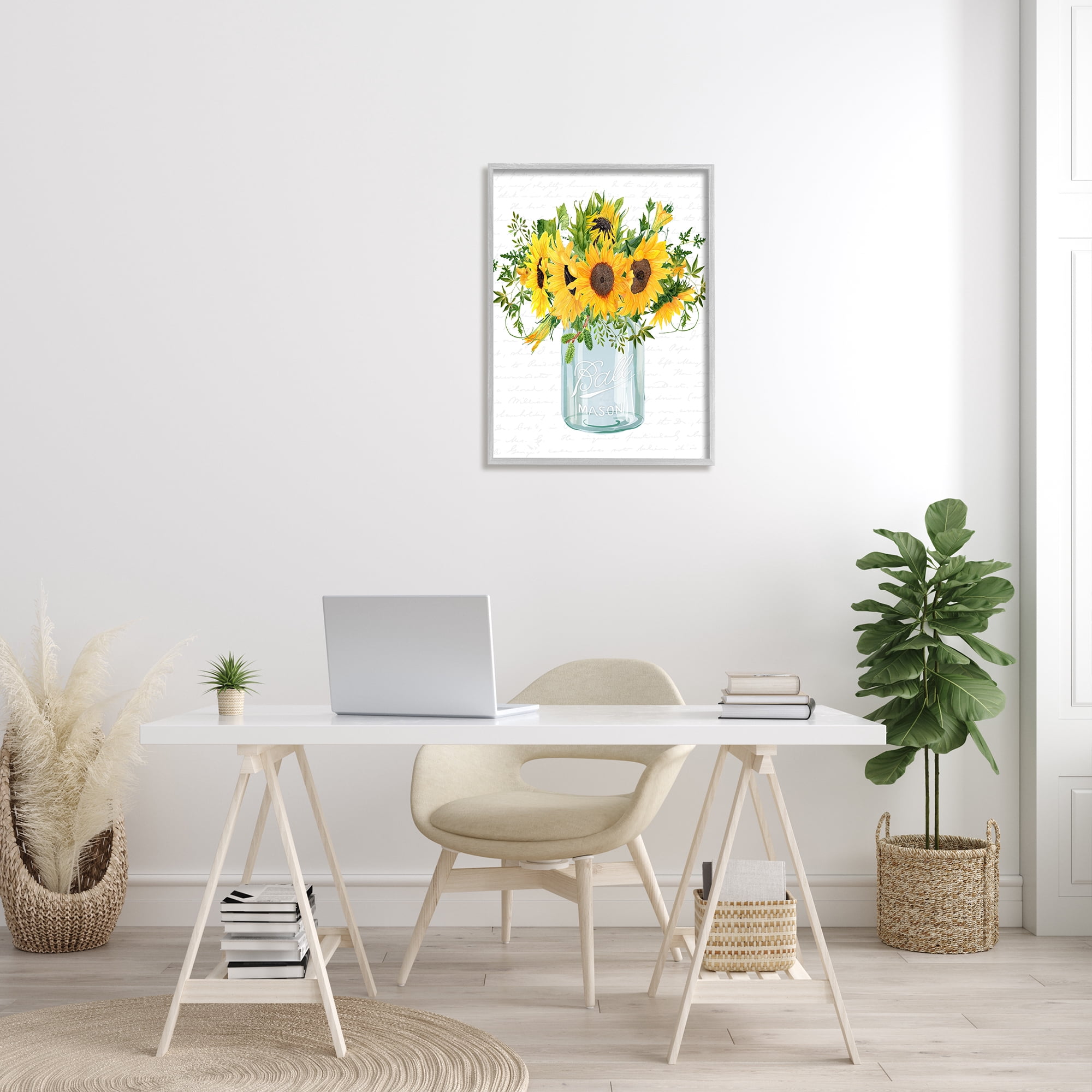Stupell Industries Country Sunflowers Bouquet Vintage Script Text Pattern Graphic Art Gray Framed Art Print Wall Art, Design by Lettered and Lined