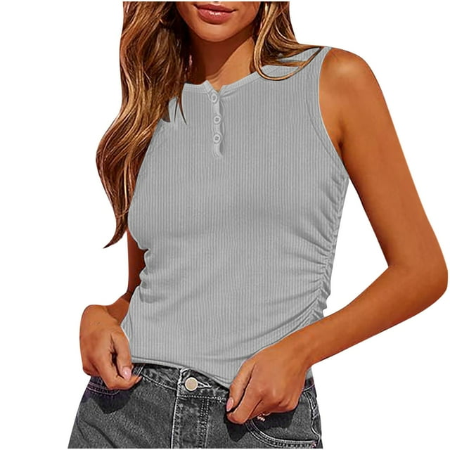 Posijego Ribbed Tank Tops for Women Going out Crop Top Ruched Side Button Neck Sleeveless Shirts for Ladies