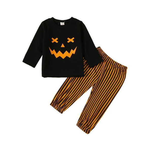 Wassery 2PCS Baby Boy Girl Halloween Clothes Newborn Long Sleeve Pumpkin Face Print Sweatshirt Top Elastic Waist Sweatpants Infant Casual Fall Halloween Outfit 0-12 Months