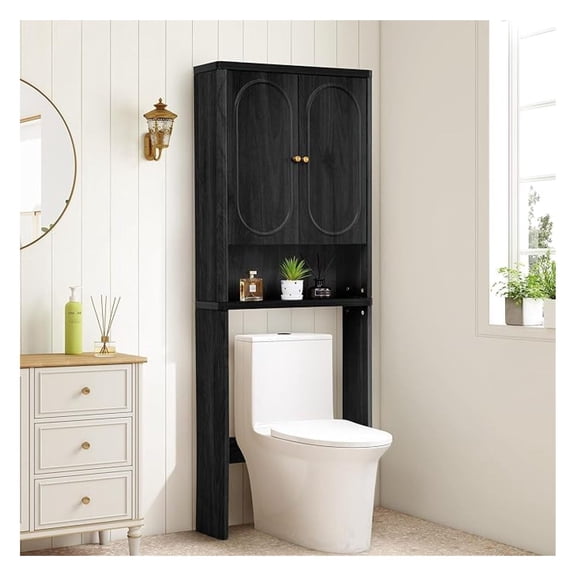 Fluted Over The Toilet Storage Cabinet, Bathroom Toilet Storage Cabinet with Door, Wood Curved Over The Toilet Space Saver Cabinets for Restroom Bathroom, Black