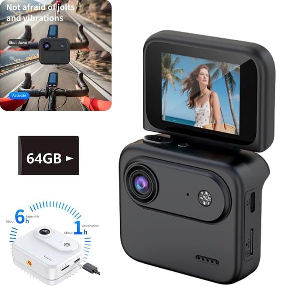 Mini Sports Camera, 4K Ultra Clear Recording VLOG Recorder with Flip Screen, Anti Shake 143 ° Wide-Angle, Tiny Action Cam for Travel & Content Creators