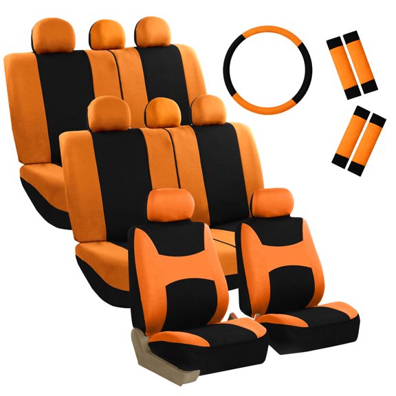 FH Group Light & Breezy Seat Covers for Auto, 3 Row 8 Seater Full Covers with Steering/Belt Pad Cover, Orange and Black