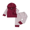 thumbnail image 1 of Toddler Baby Boy Girl Striped Fall Winter Outfits Patchwork Hoodie Pullover Sweatshirt Long Pants Set Wine Red 18-24 Months, 1 of 8