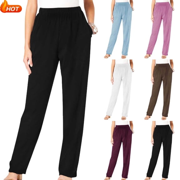 YABCSAZ Womens Casual Cotton Pants Lightweight Summer Relaxed Fit Elastic Waist Plus Size Solid Lounge Long Trousers S-5XL