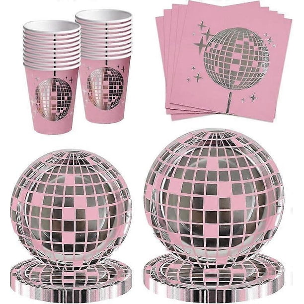 100 piezas de decoración para fiestas disco, vajilla disco, platos, servilletas y vasos para fiestas de los años 80 y 90, vajilla desechable rosa.