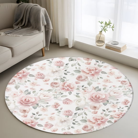 Round Area Rug 3ft Retro Farmhouse Blossoms Flower with Leaf Area Rugs Washable Low Pile Floor Carpet for Bedroom, Elegant Floral Non Slip Soft Rugs for Living Room Entryway Dining Room