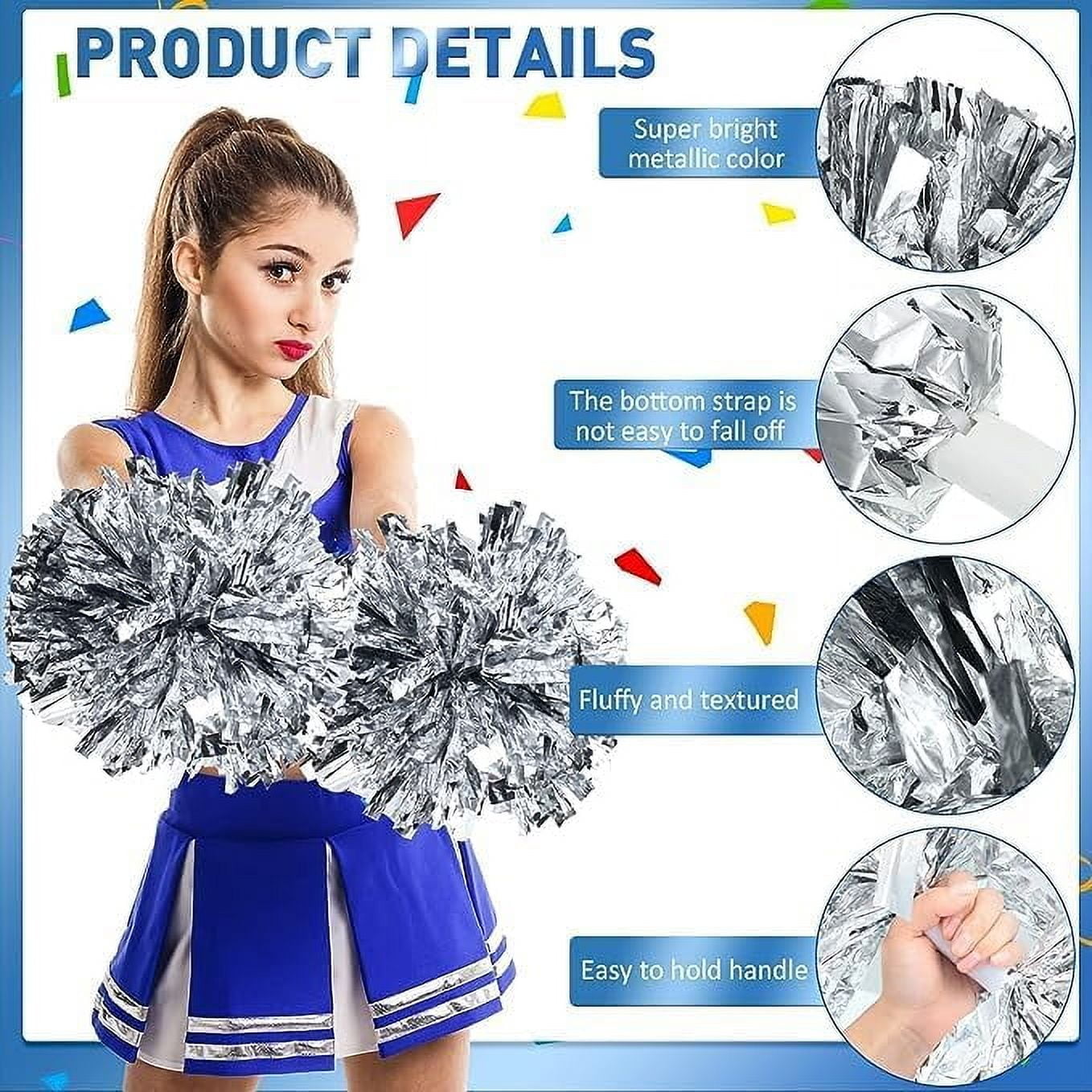Metallic Cheerleading Pom Poms, 6Pcs Cheerleaders Cheer Pom Poms with Baton Handle, Cheering Squad Hand Flower