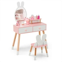 Gymax Kid Vanity Set Makeup Table Stool with Drawer Shelf Wood Leg Rabbit Mirror White