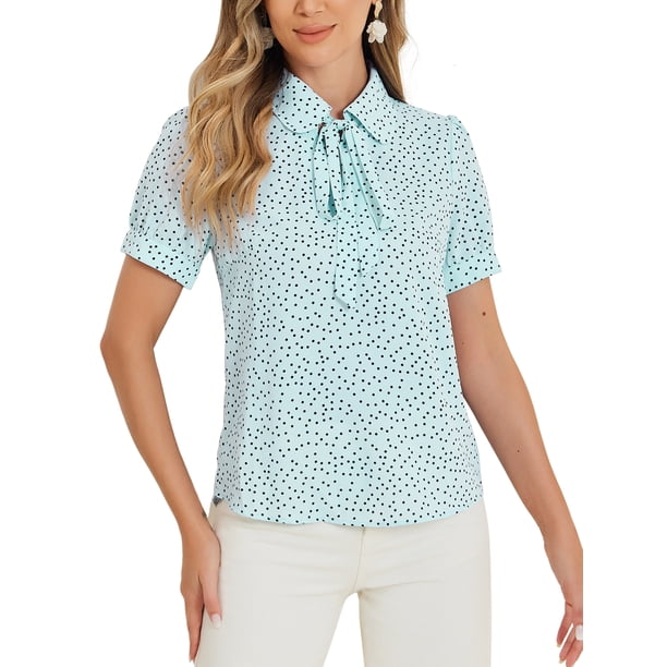 INSPIRAR CHIC Blusa de Chifón con Cuello Peter Pan y Lazo de Manga Corta con Estampado Retro S Azul Claro con Puntos