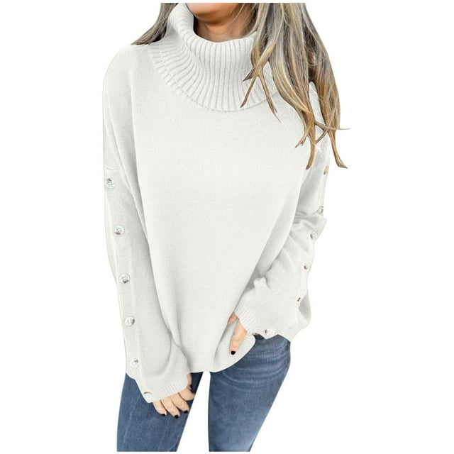 Lenpel Chandails à Col Roulé pour Femmes Automne Hiver Mode Manches Longues Tricoté Chandail Décontracté Ample Tendance (Blanc, Grand)