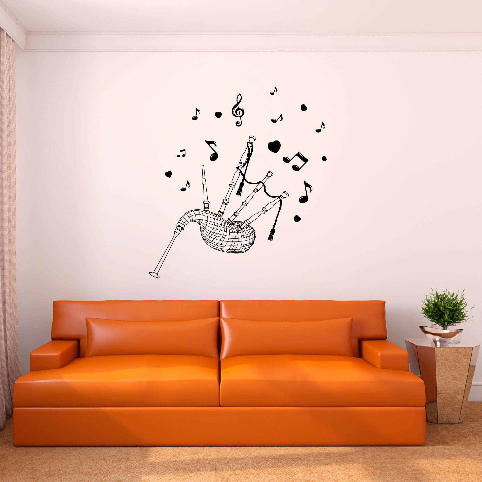 Music Wall Decal Bagpipe Silhouette with Heart and Musical Notes