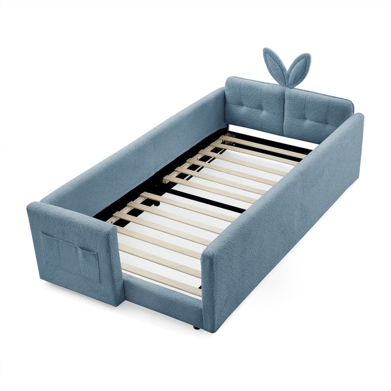 Twin Size Upholstered Platform Bed with Rabbit Ear Headboard, Kids Floor Bed with Storage Pocket & Safety Guardrail, No Box Spring Required