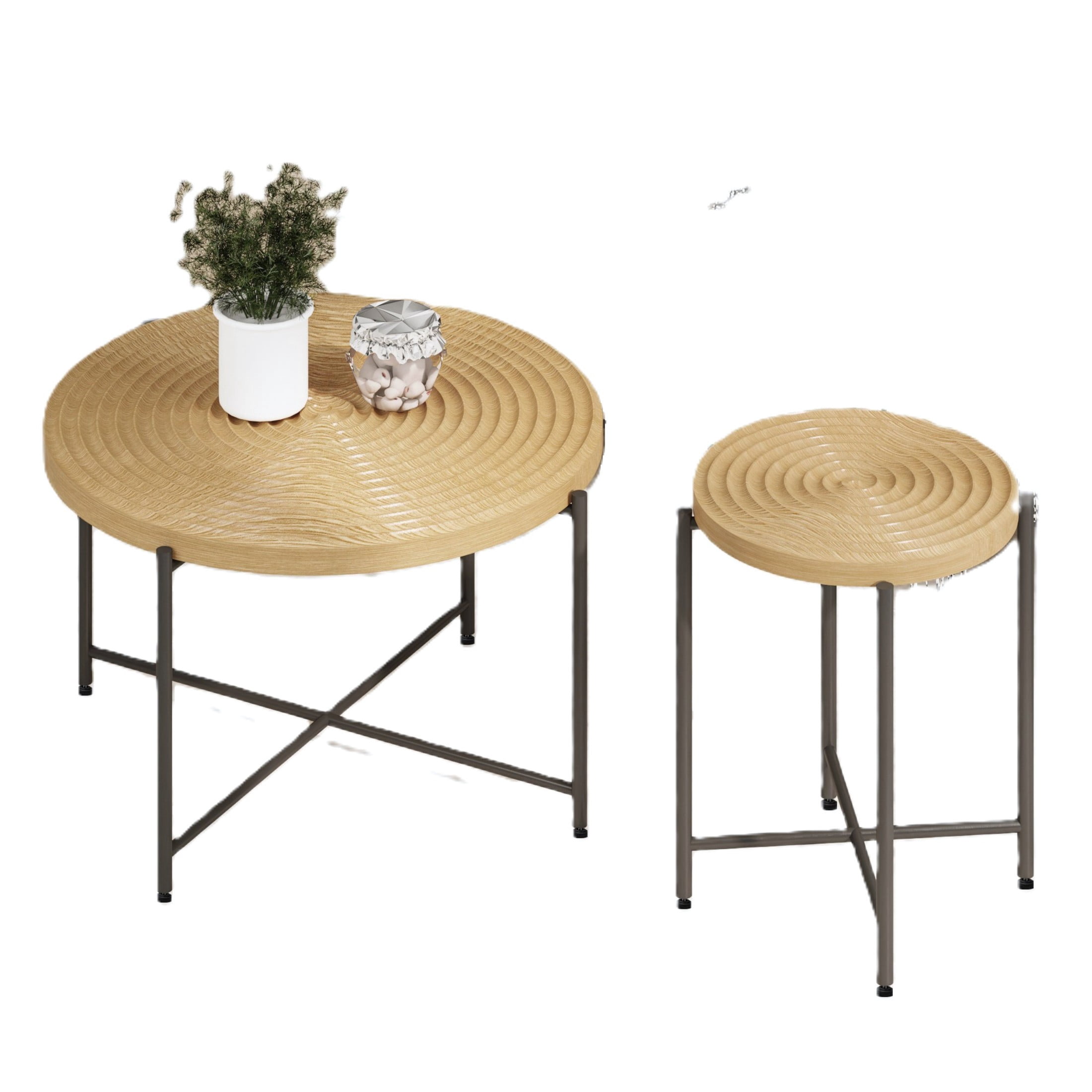 GDF Studio 2-Piece Coffee and End Table Set with Radial Ring Pattern Tabletops, Black Metal Legs, Natural Oak