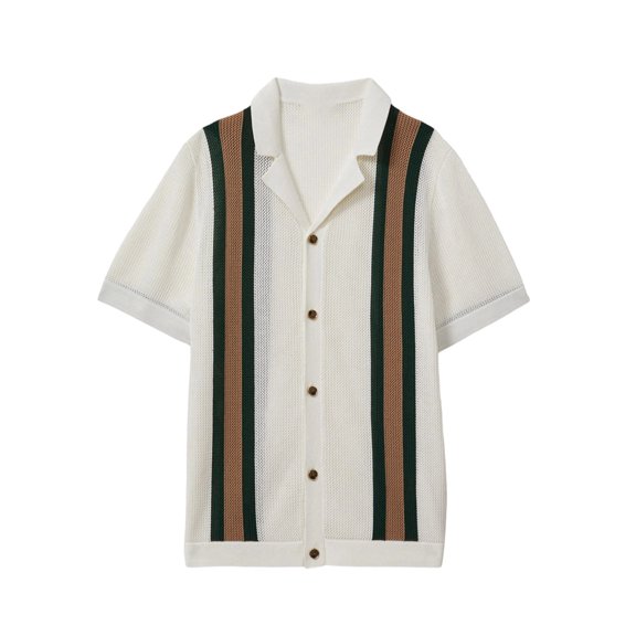 Men's Striped Short Sleeve Knit Camp Shirt White M