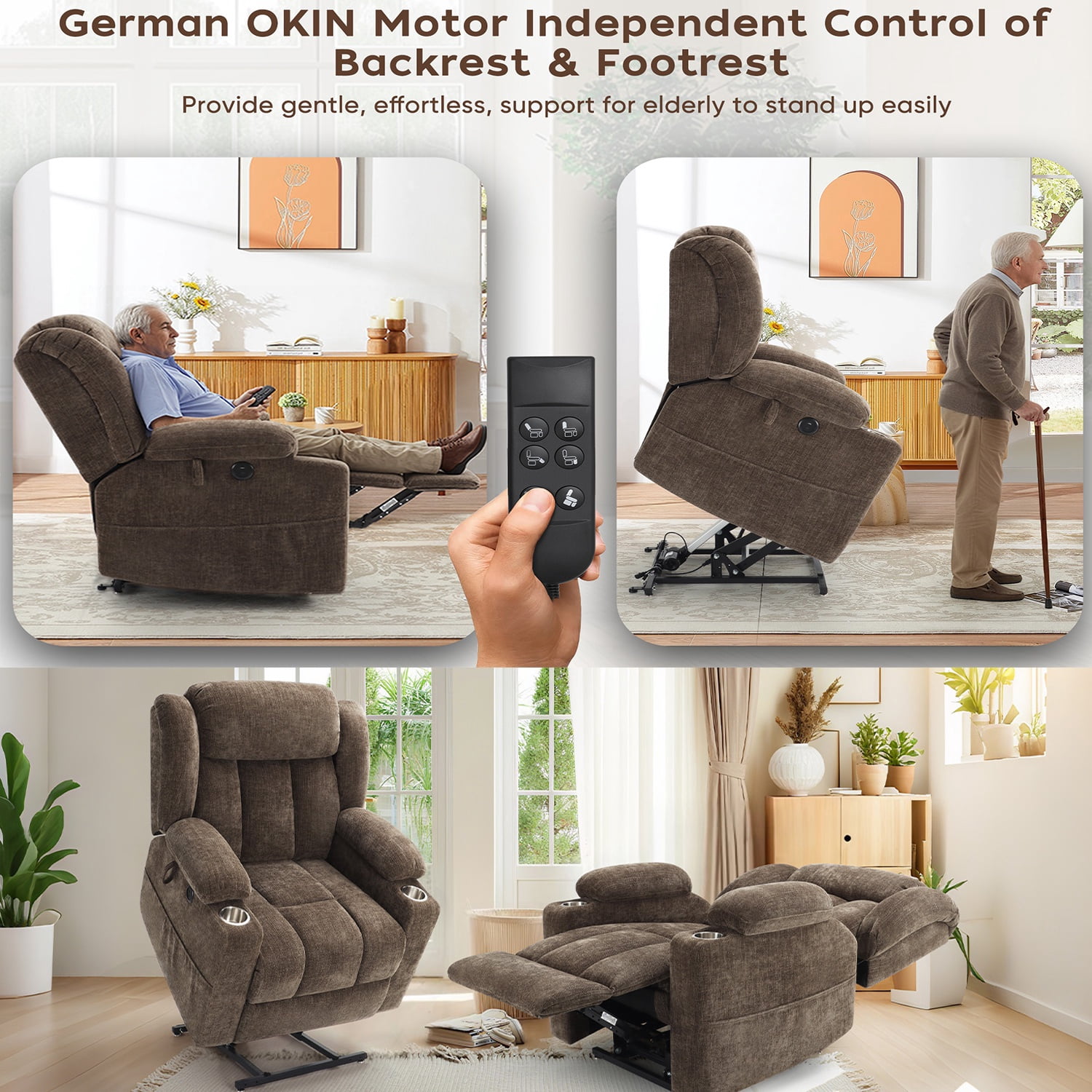 JULY'S SONG Power Recliner Chair with Heat and Massage, Dual Motor Lift Chairs for Elderly with Cup Holders, Oversized Recliners for Adults with USB & Type-C Ports, Brown