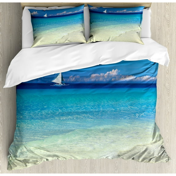 Nautical Duvet Cover Set, Exotic Tropic Beach in Philippines Island Horizon Summer Paradise Concept, Decorative 3 Piece Bedding Set with 2 Pillow Shams, Calking Size, Turquoise Cream, by Ambesonne