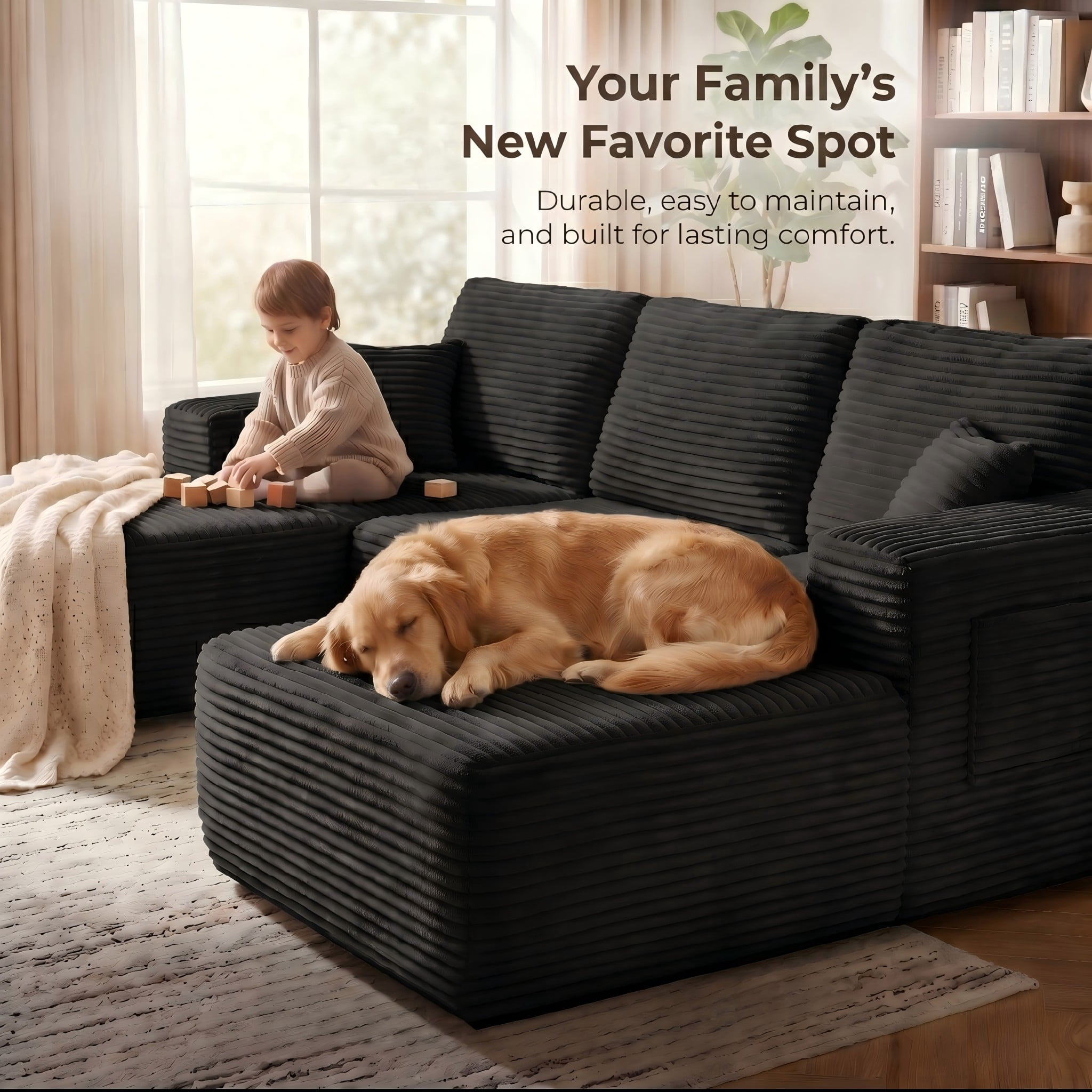 104" Premium Corduroy Sectional Sofa with Reversible Chaise, U-Shape Modular Couch with Deep Seating, Pocket Spring Cushions, Side Pockets, Tool-Free Assembly for Living Room, Right Facing (Black)