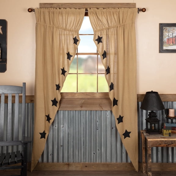 VHC Brands Burlap Natural with Black Stars Primitive 84"x36"x18" Prairie Panel Pair Tan Rod Pocket Stenciled Cotton Drawstring Ties Window Curtains