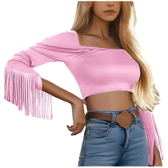 Lenpel Crop Tops for Women Tassel Long Sleeve Square Neck Slim Cropped T Shirts Going out Blouses Festival Concert Party Tees(Pink,XX-Large)
