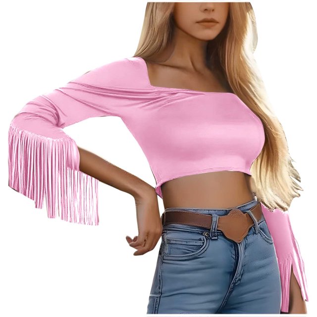 HongQid Fringe Tops for Women Western Cowgirl Fall Long Sleeve with Tassels Stretchy Crop Shirts Blouses