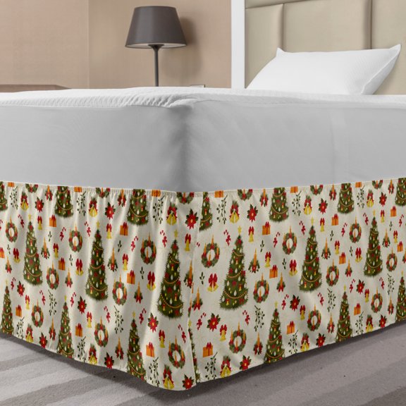 Christmas Bed Skirt, New Zealand Poinsettia Flower Xmas Trees Surprise Boxes Artwork Culture, Elastic Bedskirt Dust Ruffle Wrap Around for Bedding Decor, 4 Sizes, Olive Green Yellow, by Ambesonne