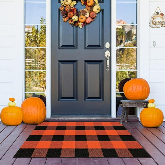 Buffalo Plaid Outdoor Rug Orange and Black 2x3 Cotton Woven Rug Checkered Rug Washable Halloween Front Porch Rug Layered Fall Outdoor Mats for Front Door Autumn Farmhouse Entryway Patio Decor