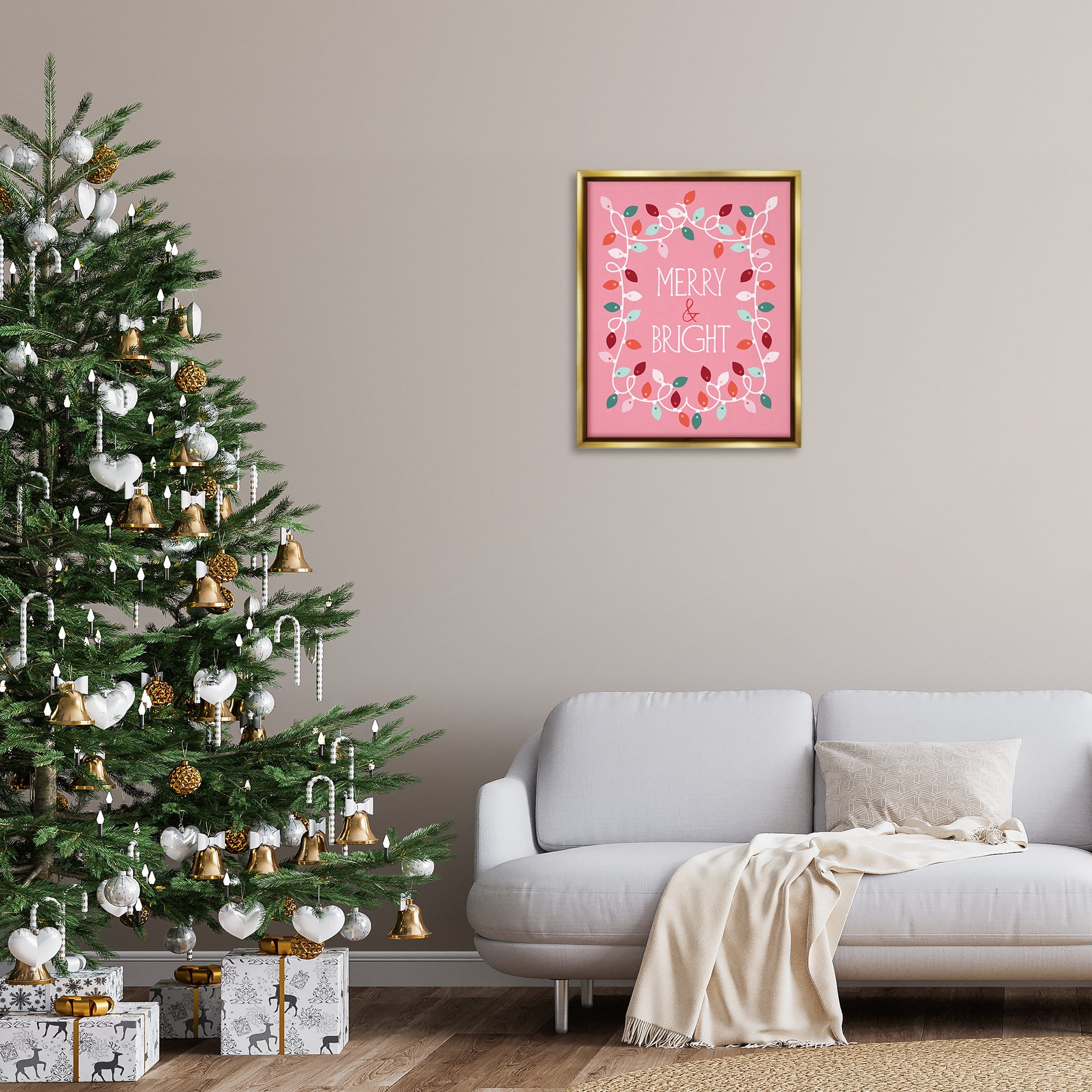 Stupell Industries Merry and Bright Pink Holiday Painting Gold Floater Framed Canvas Art Prints Wall Art, 25 x 31