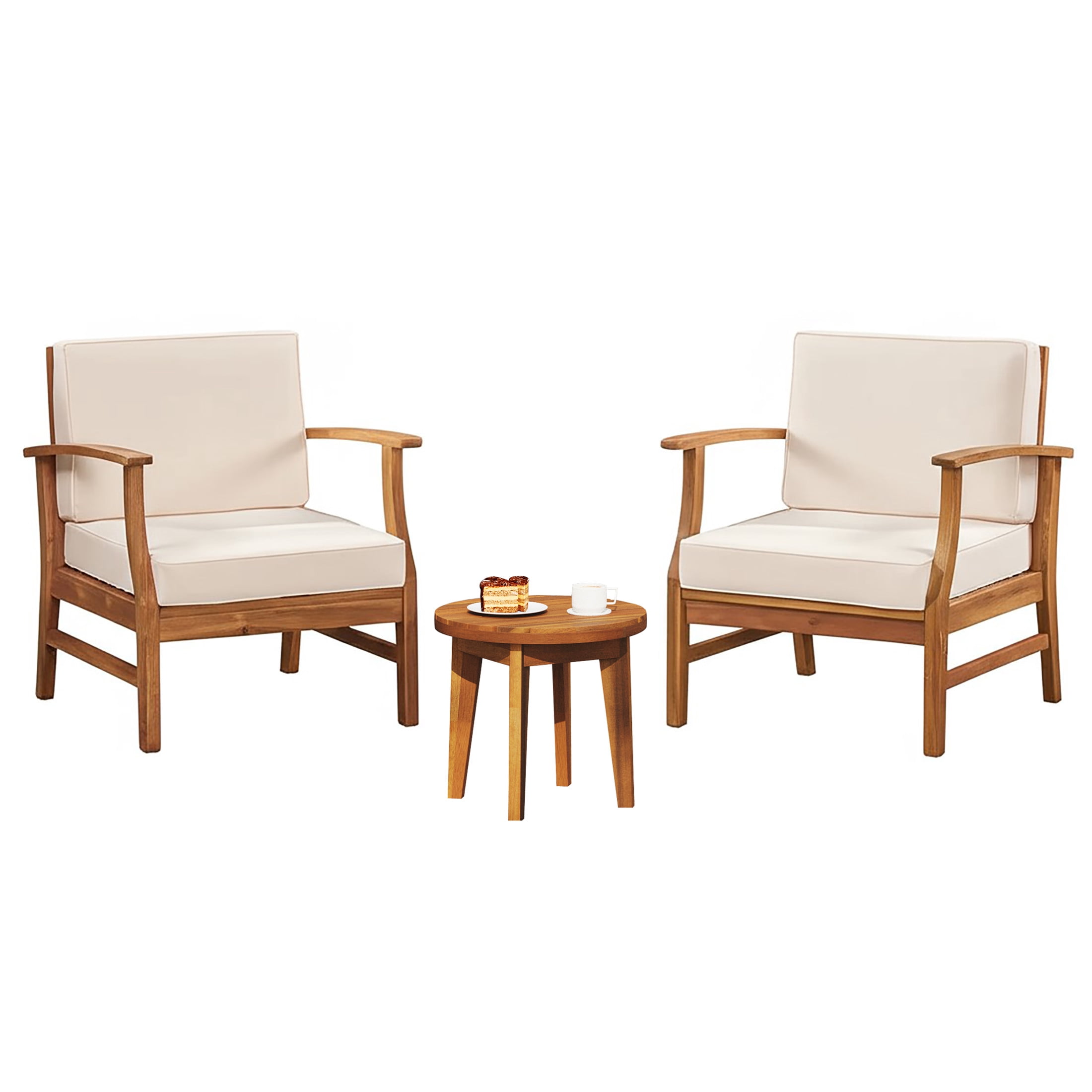 Christopher Knight Home 3-Piece Outdoor Chat Set, Wood Club Chairs with Cream Cushions and Side Table, Teak