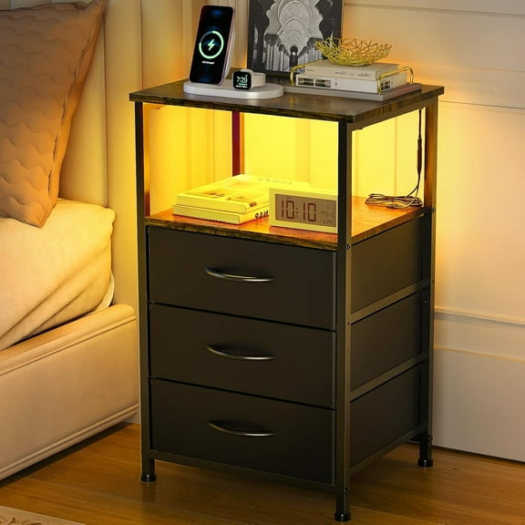 Lincordor Small Nightstand with Drawers for Compact Spaces, Bedside Table with LED & Open Shelf, Multi-Functional Storage Cabinet for Bedroom Black