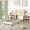 thumbnail image 3 of Merrick Lane Modern Twin Platform Bed with Padded Channel Stitched Beige Faux Linen Upholstered Wingback Headboard and 6" Underbed Clearance, Beige, 3 of 11