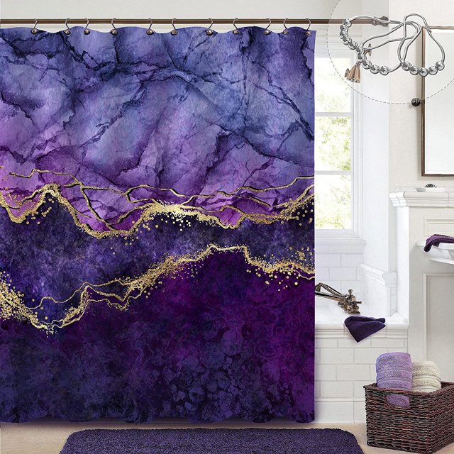 Cortina de ducha de mármol morado Uowrpoz, diseño abstracto dorado y morado para decoración de baño, moderna, lujosa, elegante, decorativa, de tela impermeable, con ganchos, 183 x 183 cm