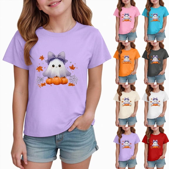 3-4 Years Kids Short Sleeved Halloween Pumpkin Print T Shirt Girls Casual Top Toddler Girl Halloween Outfit Girls Halloween Dress Girls T Shirts