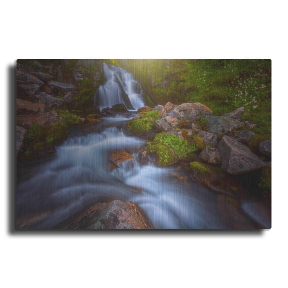 Luxe Metal Art 'Sunbeam Falls - Mount Rainier National Park' by Darren White, Metal Wall Art, 36"x24"