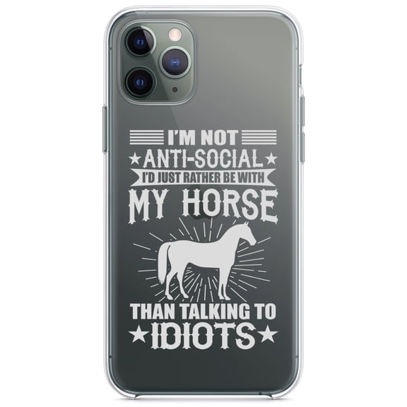 DistinctInk Clear Shockproof Hybrid Case for iPhone 11 Pro (5.8" Screen) - TPU Bumper Acrylic Back Tempered Glass Screen Protector - Not Anti Social - Rather Be With My Horse