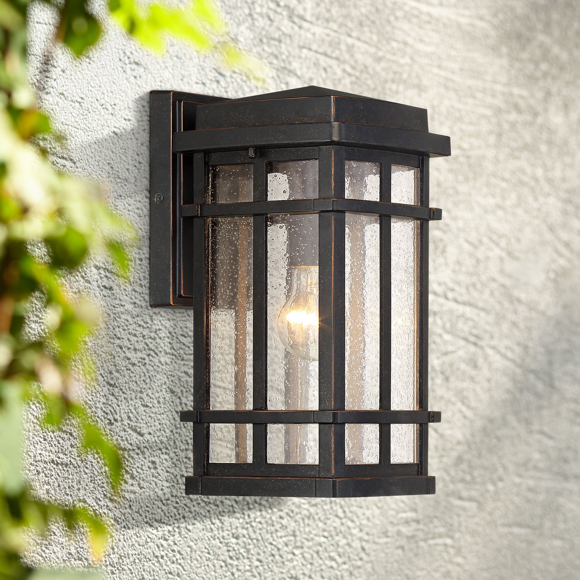 John Timberland Neri Mission Industrial Outdoor Wall Light Fixtures Set of 2 Oil Rubbed Bronze 12 1/2" Clear Seedy Glass for Exterior