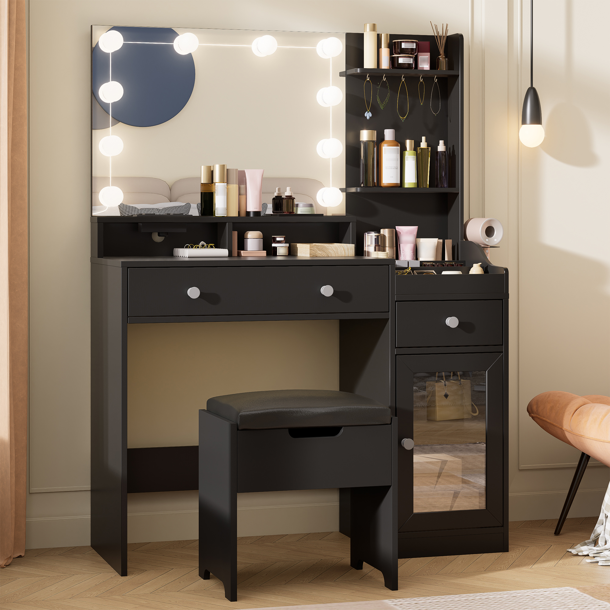 Black Vanity Set with Mirror and Lights, Modern Makeup Table with Charging Station