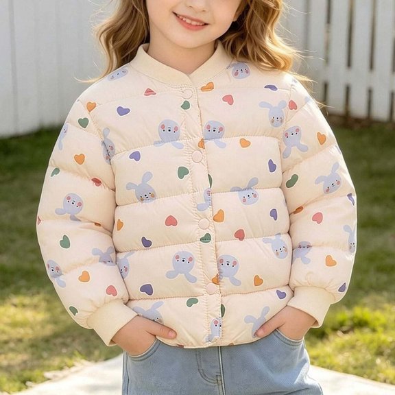 ITSAME Toddler Girls Puffer Jacket Lightweight Snap Button Quilted Cute Print Winter Warm Coat Pink Size 3T