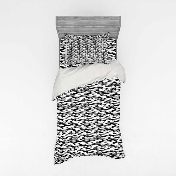 Retro Duvet Cover Set, Bold Pattern with Thick Brushstrokes and Thin Stripes Monochrome, Bedding Set with Shams and Fitted Sheet, 3 Sizes, by Ambesonne