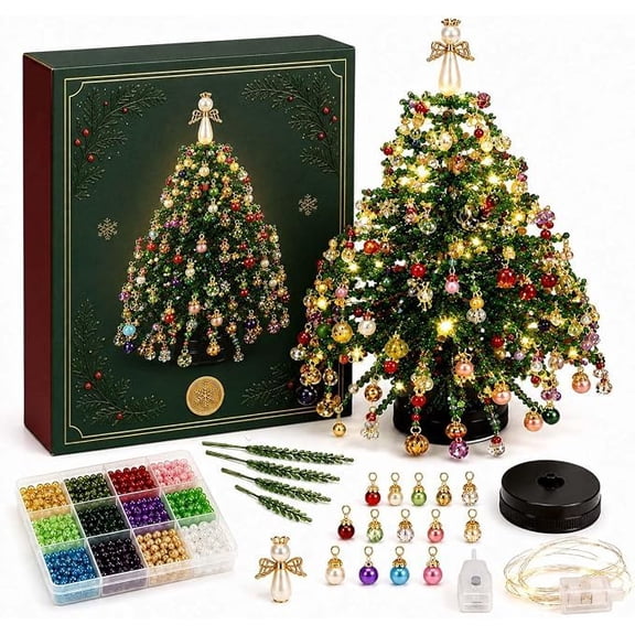 2027 New DIY Beaded Christmas Tree Kit with Lights, Handmade Mini 3D Crystal Bead Xmas Tree Making Kit, Complete Set with Ornament Charms, Tabletop Sparkling Holiday Decoration