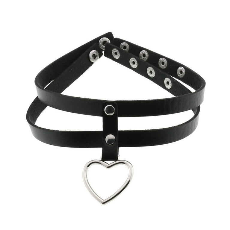 Punk Choker 2 Layers: Heart-shape Ring Goth Collar Necklace Faux Leather  Choker