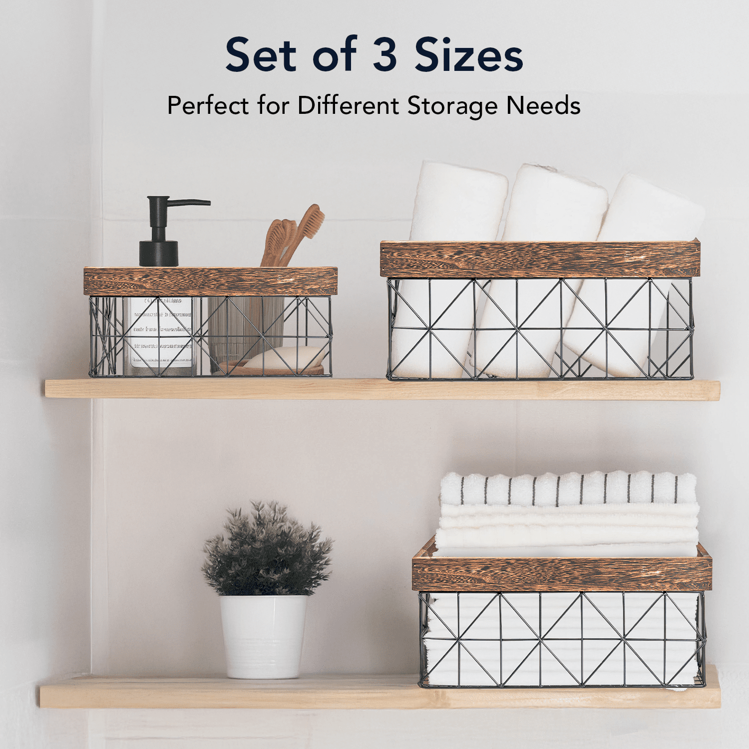 American Art Decor Contemporary Black and Walnut Metal and Wood Storage Basket Set of 3