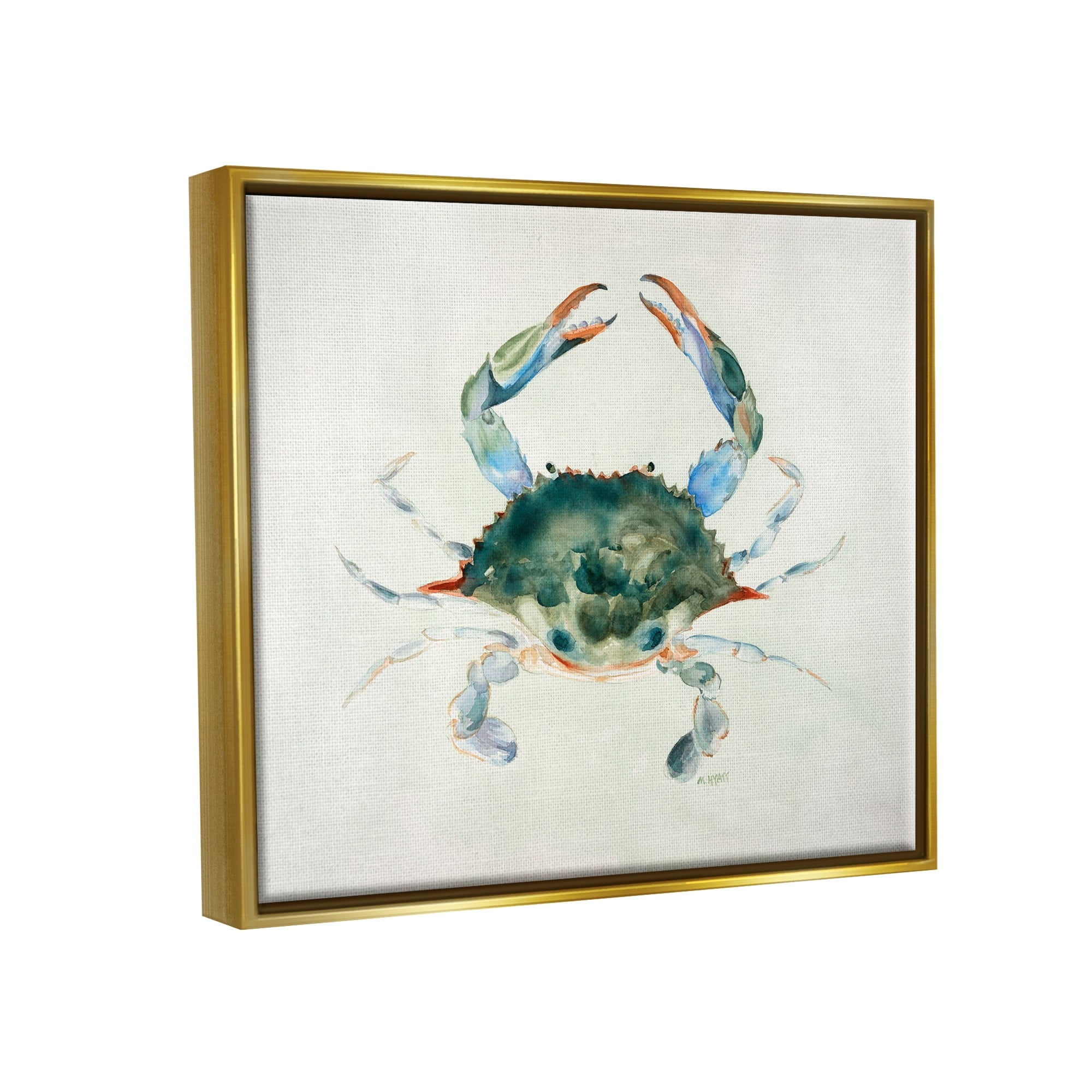 Stupell Industries Blue Sea Crab Over Beige Soft Watercolors Metallic Gold Framed Floating Canvas Wall Art, 16x20, by Melissa Hyatt LLC