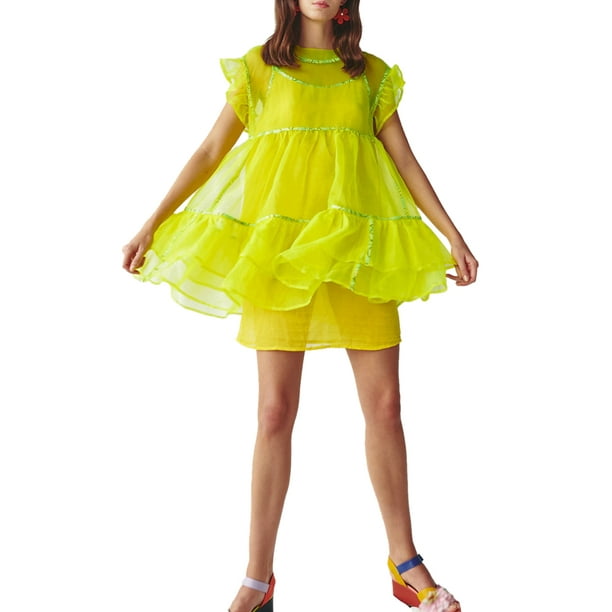 Sunloudy Vestido Corto Femenino, Color Sólido Cuello Redondo Manga Volante Con Volantes Traje De Verano Suelto De Una Pieza, S/M/L Sunloudy moda