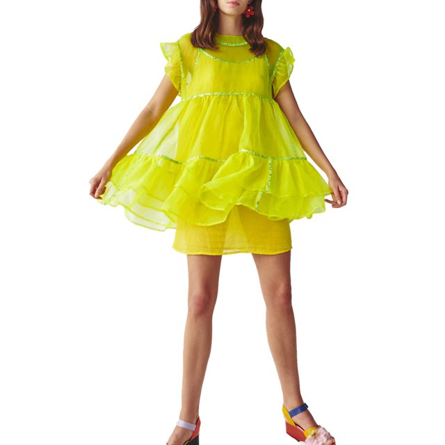 Sunloudy Vestido Corto Femenino, Color Sólido Cuello Redondo Manga Volante Con Volantes Traje De Verano Suelto De Una Pieza, S/M/L Sunloudy moda